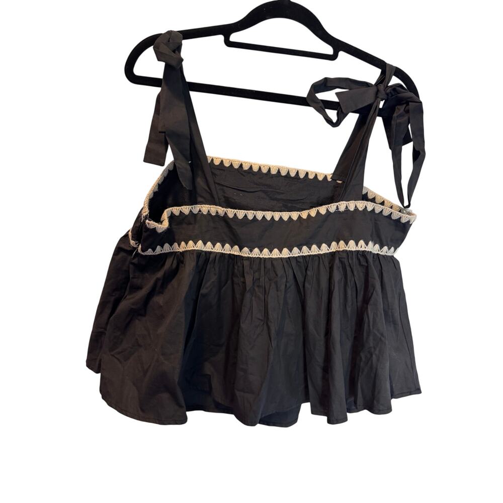 &Merci Black Scalloped Trim Tie Shoulder Babydoll Camisole Top Womens Medium